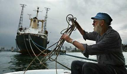 Sea unworthy ... retired ship's captain Gerry Seymour is acting for a party interested in buying the Pong Su, currently anchored at Snails Bay, for scrap.